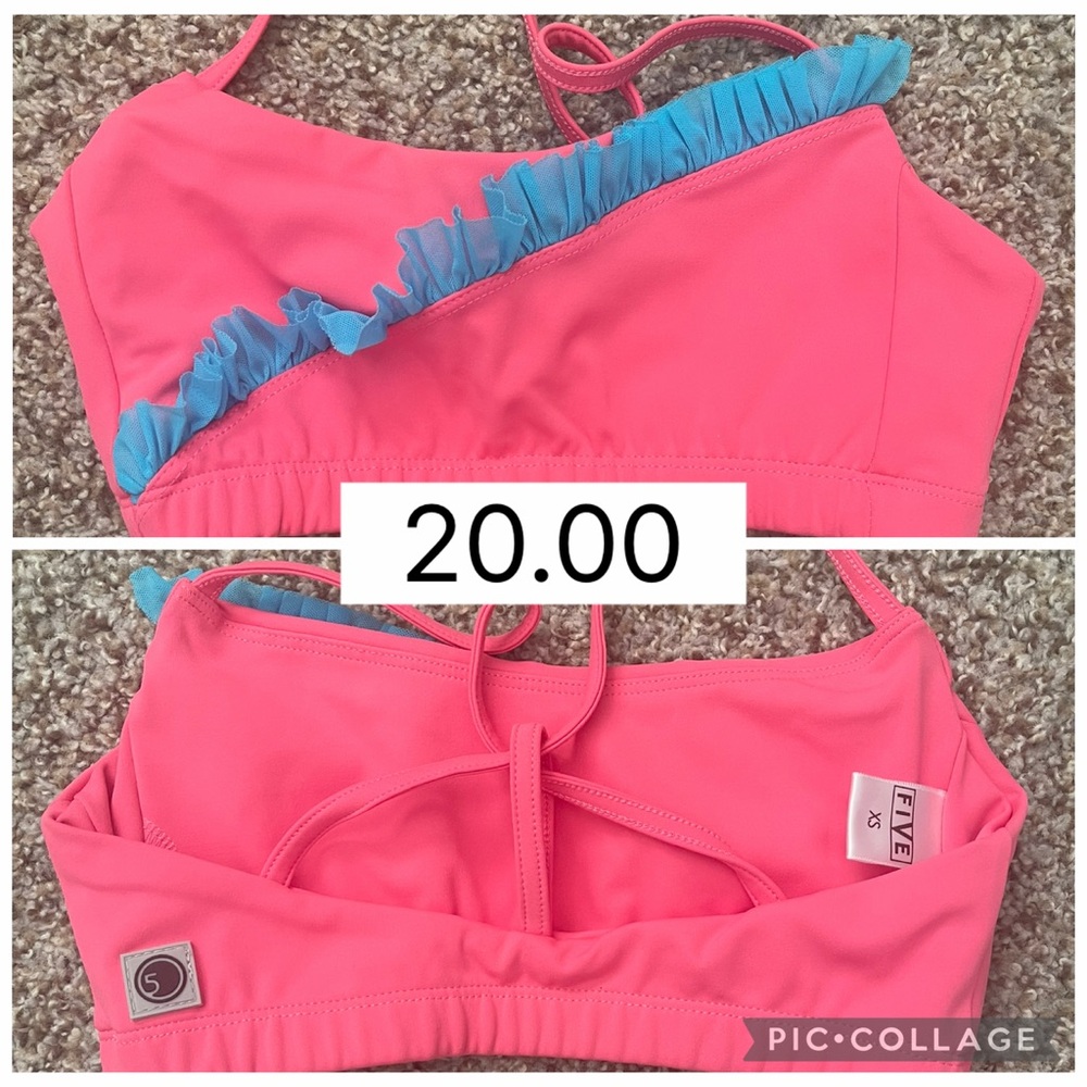 Kids Swim Top - Pink with Blue Ruffle